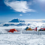 Campsite on a mountain side. Deep snow